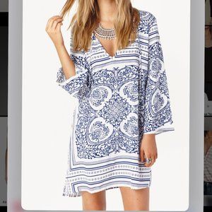 Blue Life St Tropez Batik Printed V Neck Long Sleeve Tunic Dress Extra Small NWT